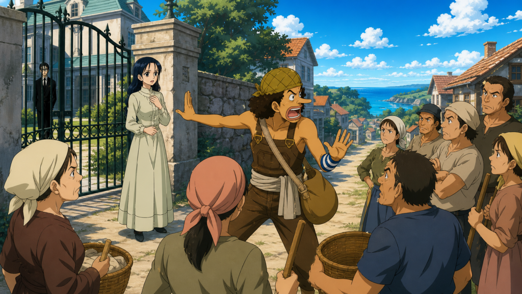Usopp urgently warns doubtful villagers while Kaya stands conflicted outside her mansion and Klahadore watches