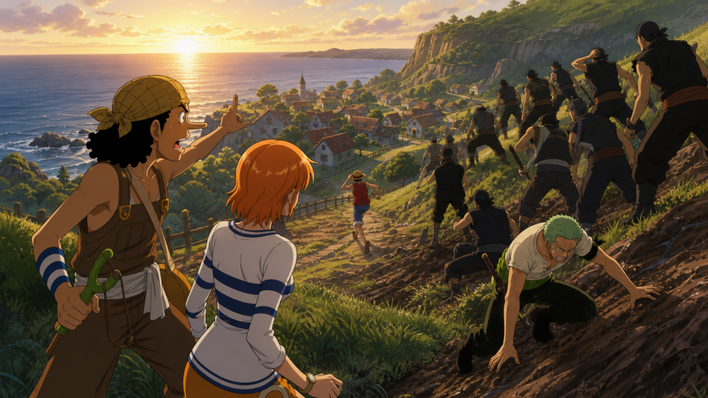 Usopp and Nami discover the Black Cat Pirates climbing the northern slope while Luffy and Zoro struggle with the terrain