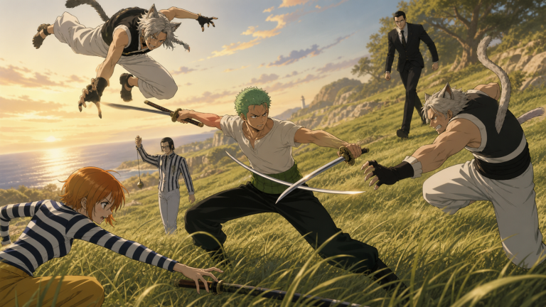 Zoro faces the Nyaban Brothers while Nami reaches for his third sword and Kuro approaches the coastal slope