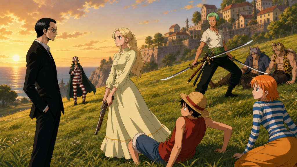 Kaya confronts Kuro with a lowered flintlock as Luffy wakes and Zoro stands ready on the Syrup Village slope