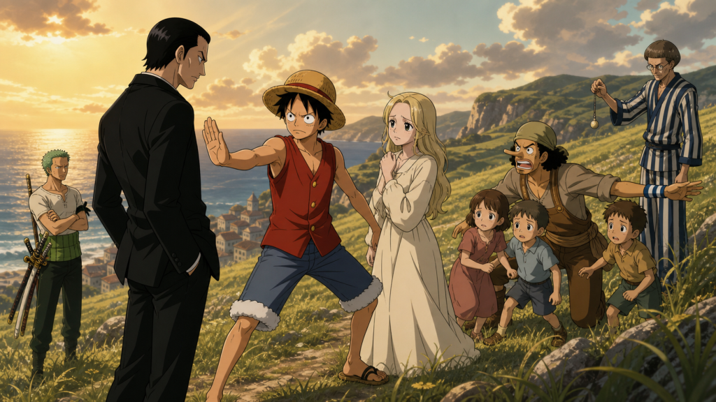 Luffy stands between Kaya and Kuro while Usopp directs his young crew to protect her from Jango