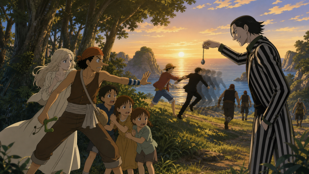 Usopp and the village children protect Kaya from Jango while Luffy interrupts Kuro’s uncontrolled speed