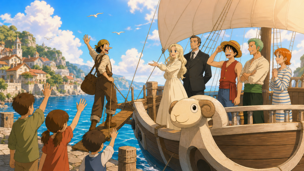 Usopp boards the Going Merry while Kaya, Merry, the Straw Hats, and the village children share a harbor farewell