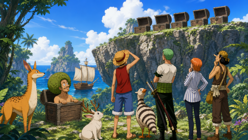 Gaimon and the Straw Hats look toward five empty treasure chests above a clearing filled with unusual island animals