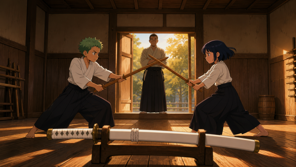 Young Zoro and Kuina cross wooden swords as equals in their dojo with Wado Ichimonji resting nearby