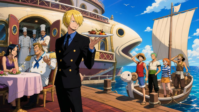 Sanji serves a carefully prepared meal aboard Baratie while Fullbody performs status and the Straw Hats arrive