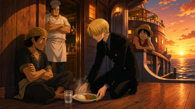 Sanji quietly serves a free meal to an exhausted Gin while Patty and Luffy observe from Baratie