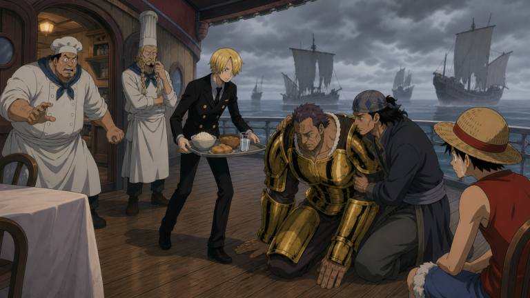 Sanji brings food to a starving Don Krieg supported by Gin as Baratie’s chefs object and Luffy watches