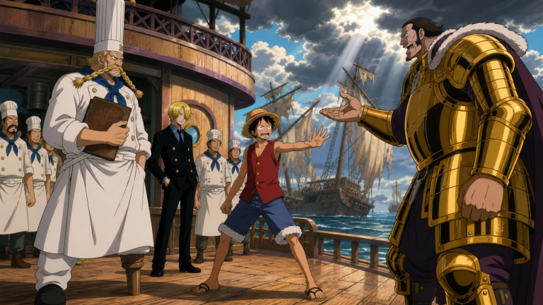 Zeff protects his Grand Line voyage journal as Krieg demands it and Luffy declares his own ambition on Baratie’s deck