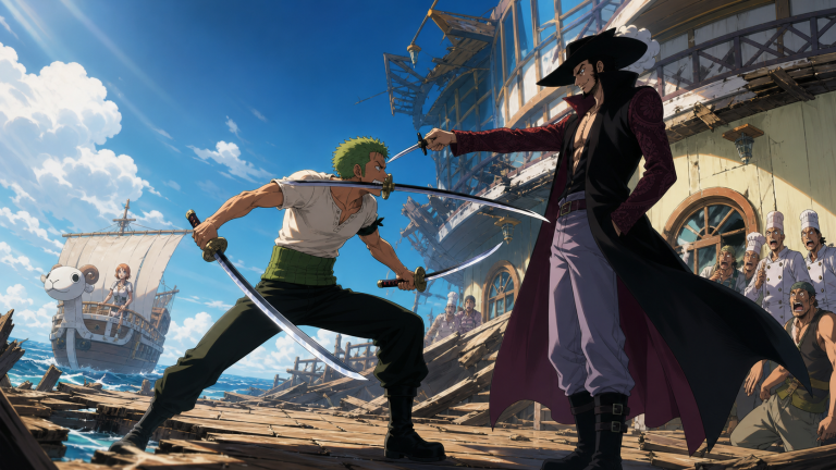 Zoro challenges Hawk-Eye Mihawk on Baratie’s damaged deck as Nami departs aboard the Going Merry