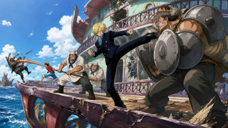 Sanji launches a powerful kick against shield-armored Pearl while Baratie’s cooks defend the floating restaurant