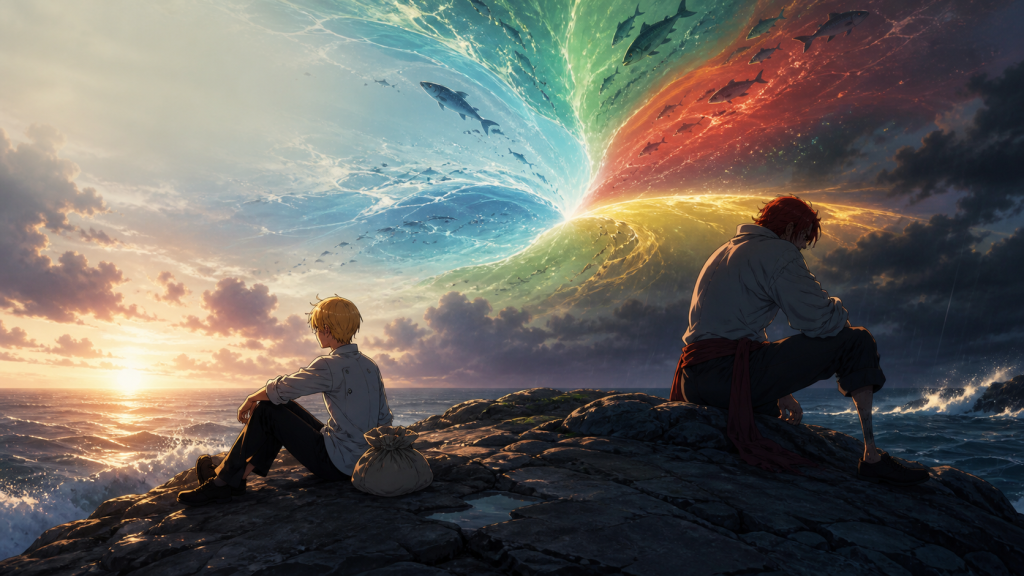 Young Sanji and Zeff endure isolation on a barren sea stack beneath a luminous vision of the four seas meeting