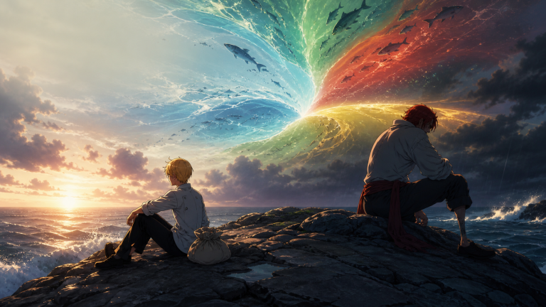 Young Sanji and Zeff endure isolation on a barren sea stack beneath a luminous vision of the four seas meeting