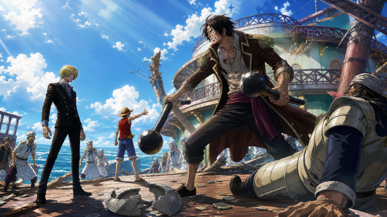 Gin stands between Sanji and the shattered remains of Pearl’s shield on Baratie’s battle deck