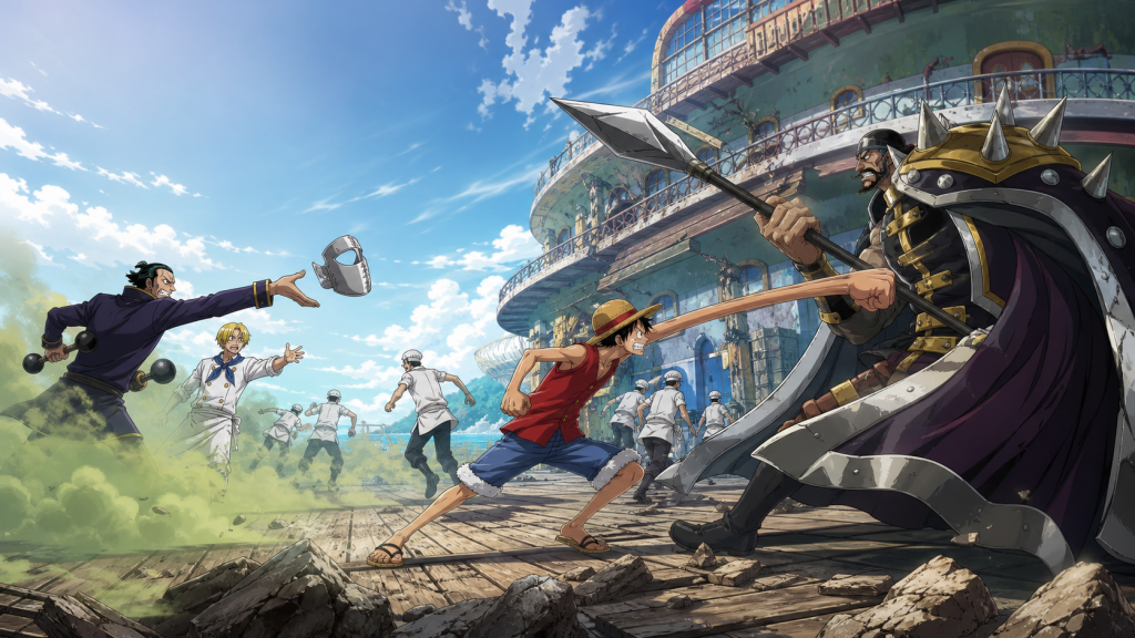 Luffy charges through Krieg’s spiked armor as Gin gives up protective equipment beside Baratie’s poisoned deck