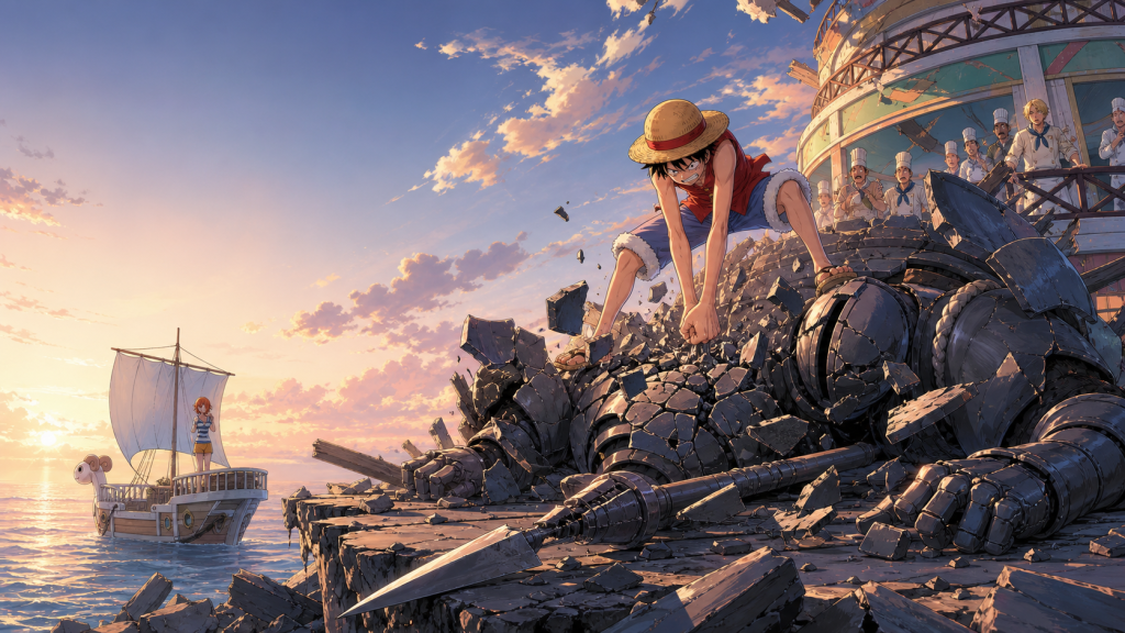 Luffy stands over Krieg’s shattered armor as Nami sails away in tears aboard the Going Merry