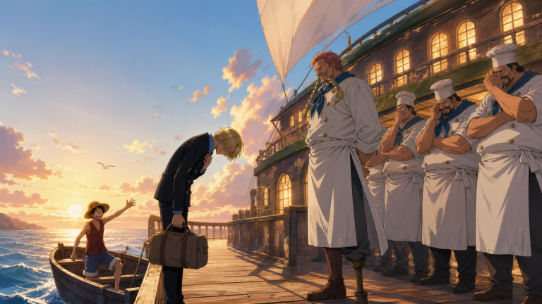 Sanji bows in tearful gratitude to Zeff and Baratie’s cooks before setting sail with Luffy