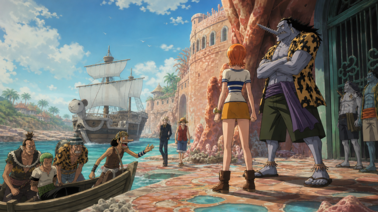 Nami faces Arlong at his coastal fortress while the divided Straw Hat pursuit team approaches shore