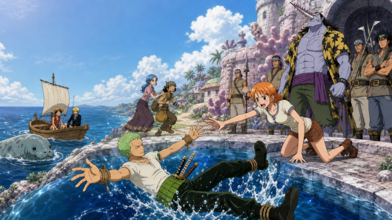 Nami lunges to rescue a bound Zoro from Arlong Park’s pool while Nojiko shelters Usopp nearby