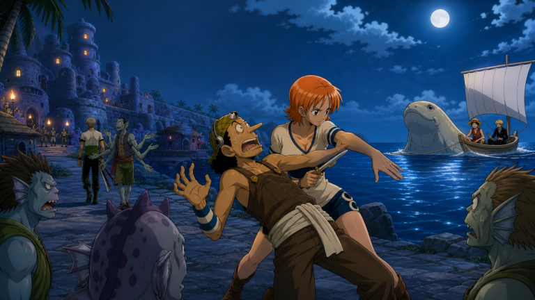 Nami shields a staged dagger attack on Usopp from Arlong’s watching crew beside Cocoyashi’s dark waterfront