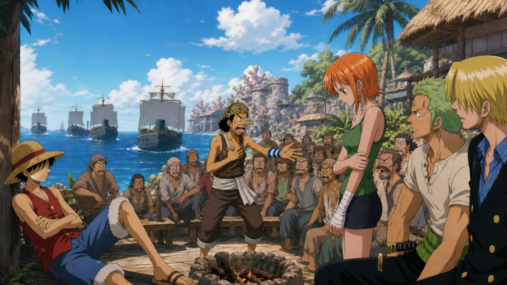 Usopp returns alive to correct the crew’s accusation while Nami stands apart with her hand bandaged