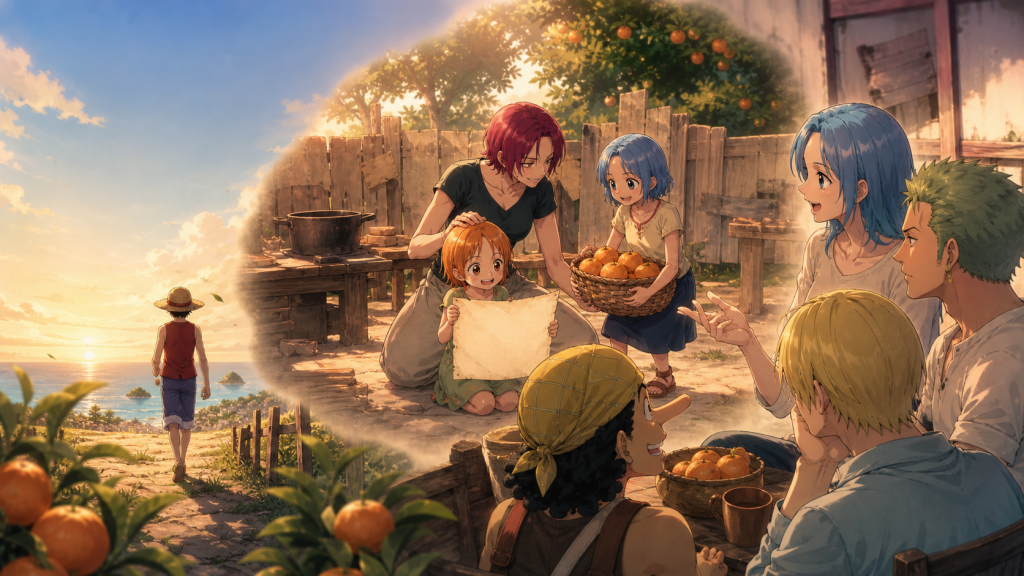 Bell-mère raises young Nami and Nojiko beside their tangerine grove as Nojiko shares the family history