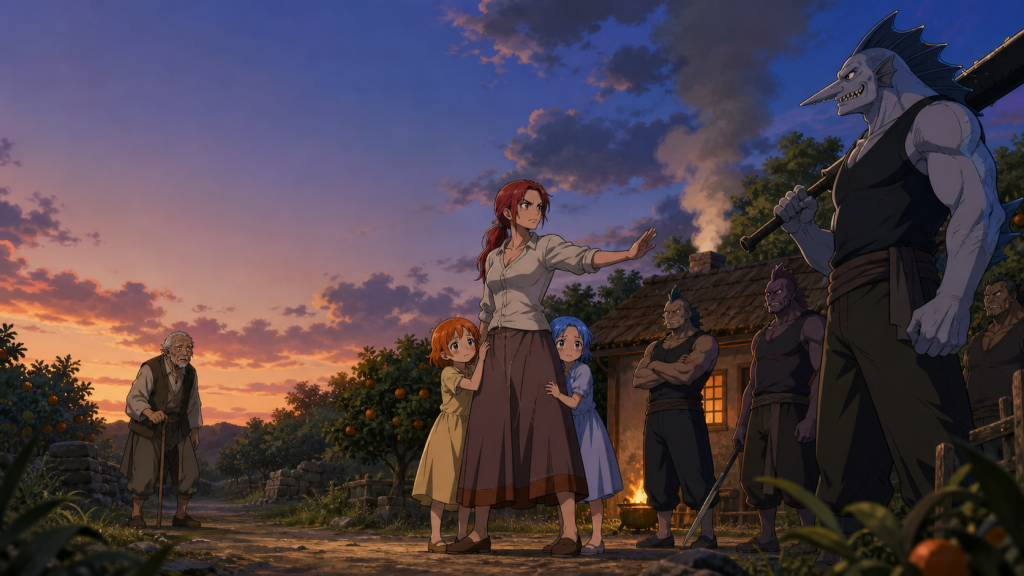 Bell-mère stands before Nami and Nojiko and openly claims both daughters under Arlong’s tribute threat