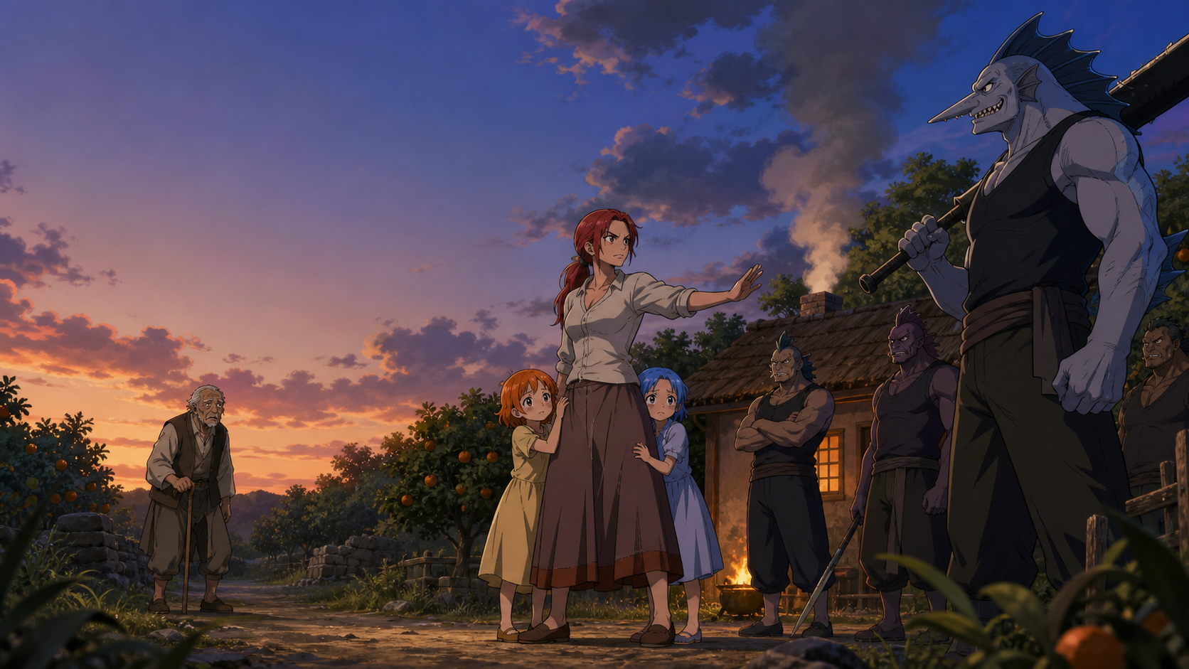 Bell-mère stands before Nami and Nojiko and openly claims both daughters under Arlong’s tribute threat