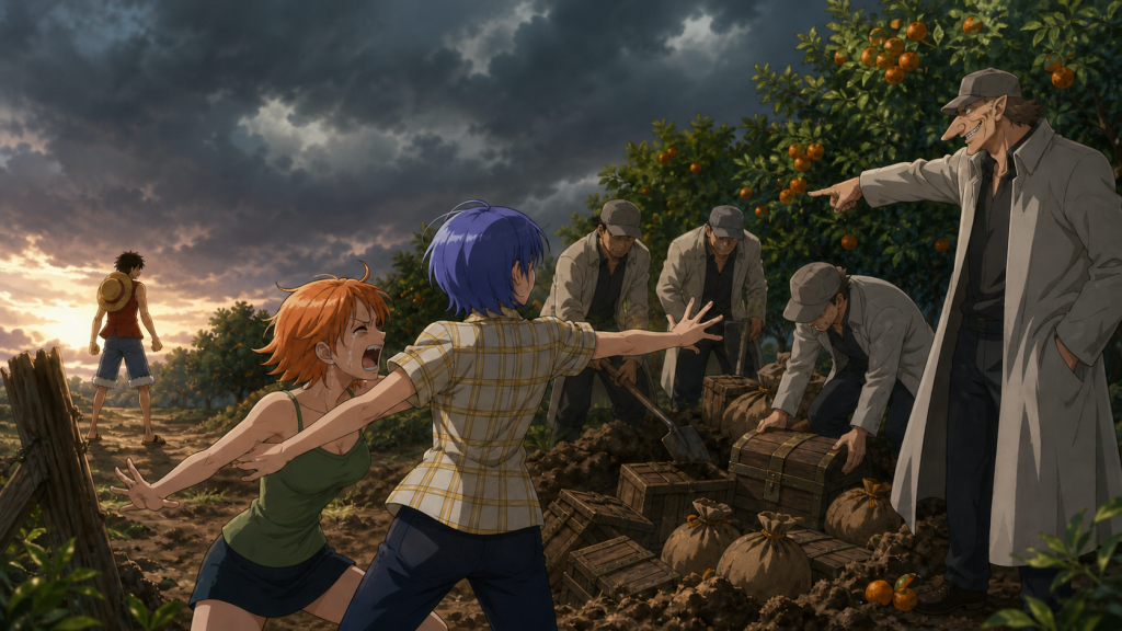 Corrupt officers seize Nami’s buried savings from Bell-mère’s tangerine grove as Nojiko shields her