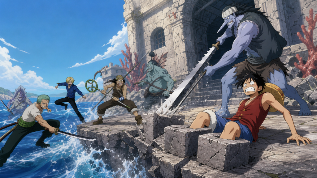 Luffy’s feet remain trapped in cracked stone as Arlong turns the improvised windmill attack into a sea rescue emergency