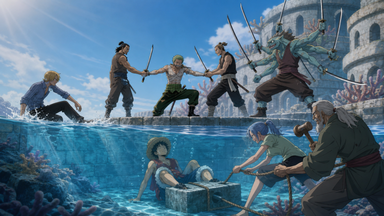Zoro borrows two swords to face Hatchan while Genzo and Nojiko attempt to free submerged Luffy from stone