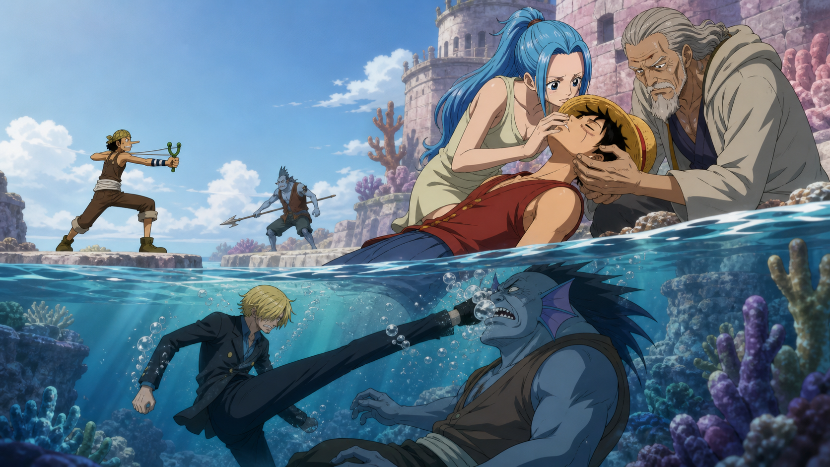 Nojiko and Genzo keep Luffy breathing as Sanji escapes Kuroobi’s underwater advantage and Usopp stands at range