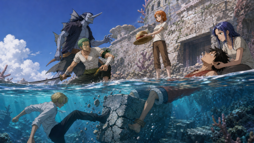 Nami protects Luffy’s straw hat while Zoro delays Arlong and Sanji breaks the submerged stone trapping Luffy