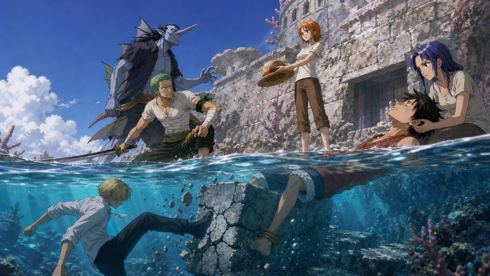 Nami protects Luffy’s straw hat while Zoro delays Arlong and Sanji breaks the submerged stone trapping Luffy