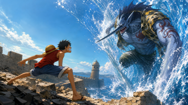 Luffy braces on shattered stone as Arlong launches from the sea in a high-speed attack