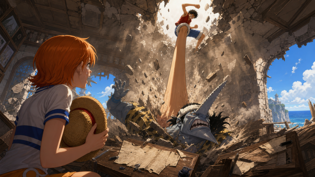 Nami protects Luffy’s straw hat as his descending Battle Axe destroys Arlong and the coerced map room
