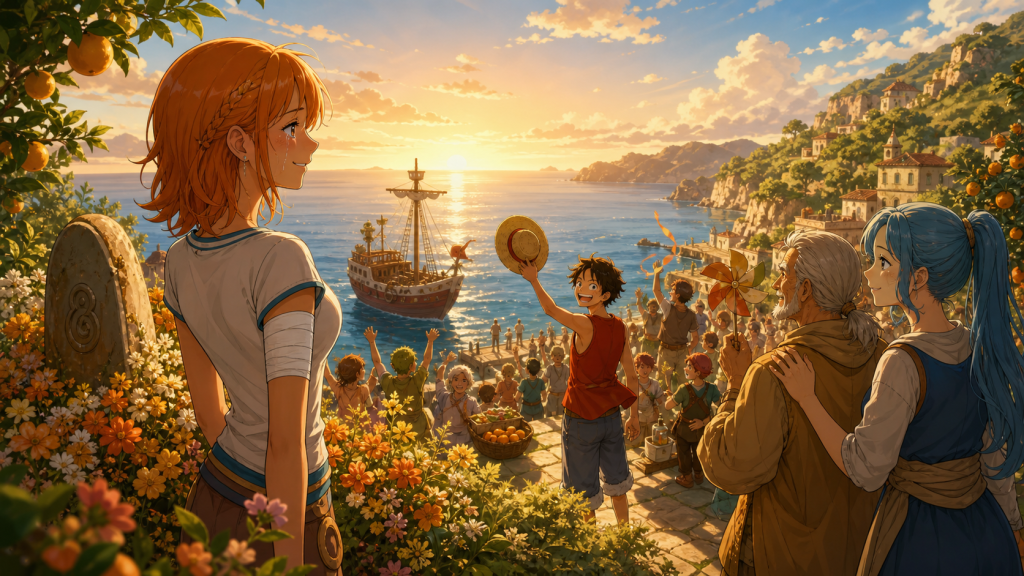 Nami stands by Bell-mère’s flowered memorial as Cocoyashi celebrates and the Straw Hats prepare to depart