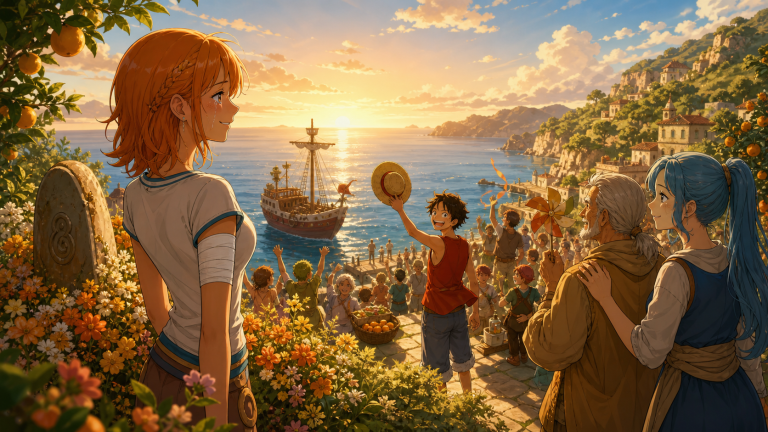 Nami stands by Bell-mère’s flowered memorial as Cocoyashi celebrates and the Straw Hats prepare to depart