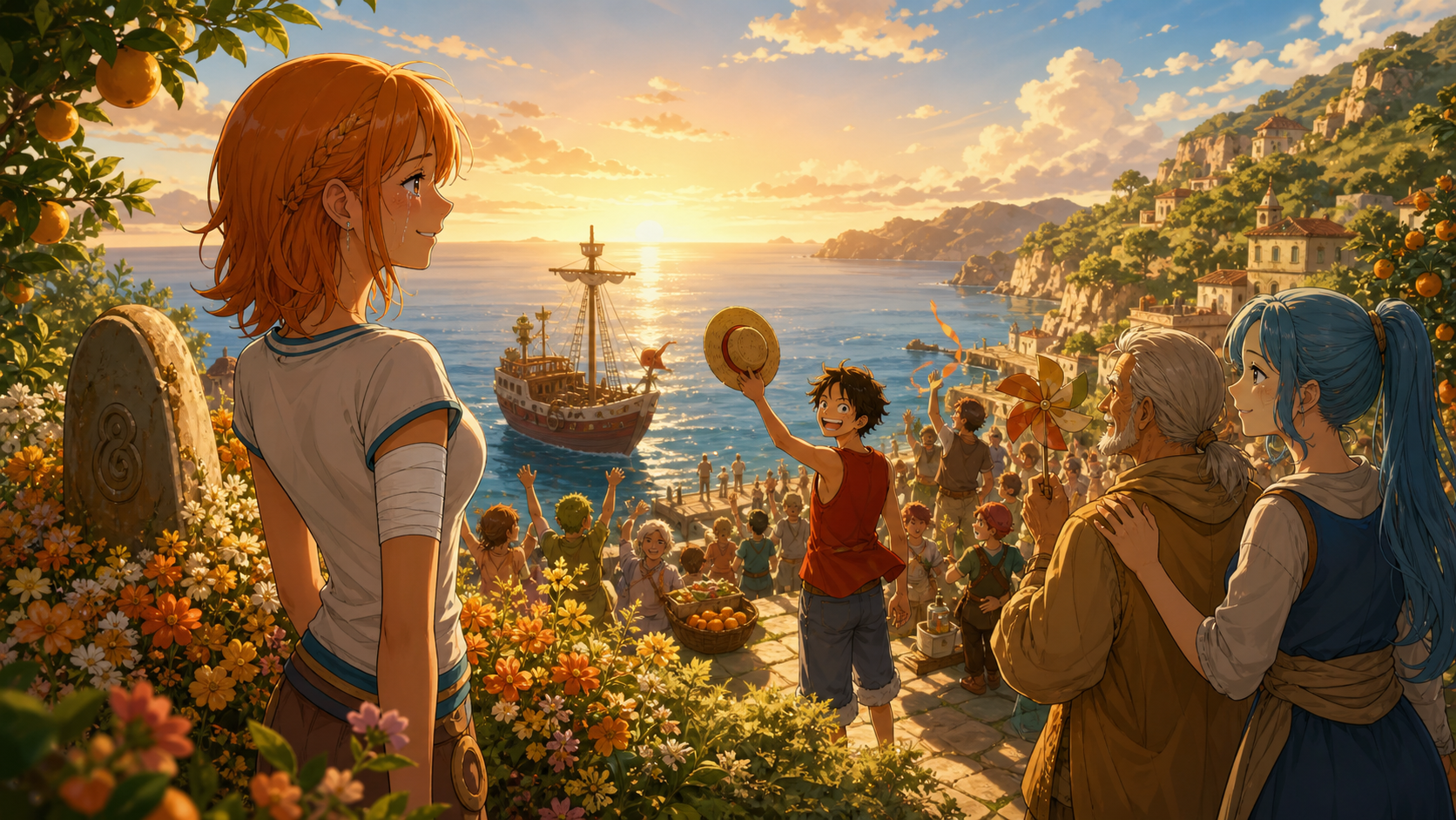 Nami stands by Bell-mère’s flowered memorial as Cocoyashi celebrates and the Straw Hats prepare to depart