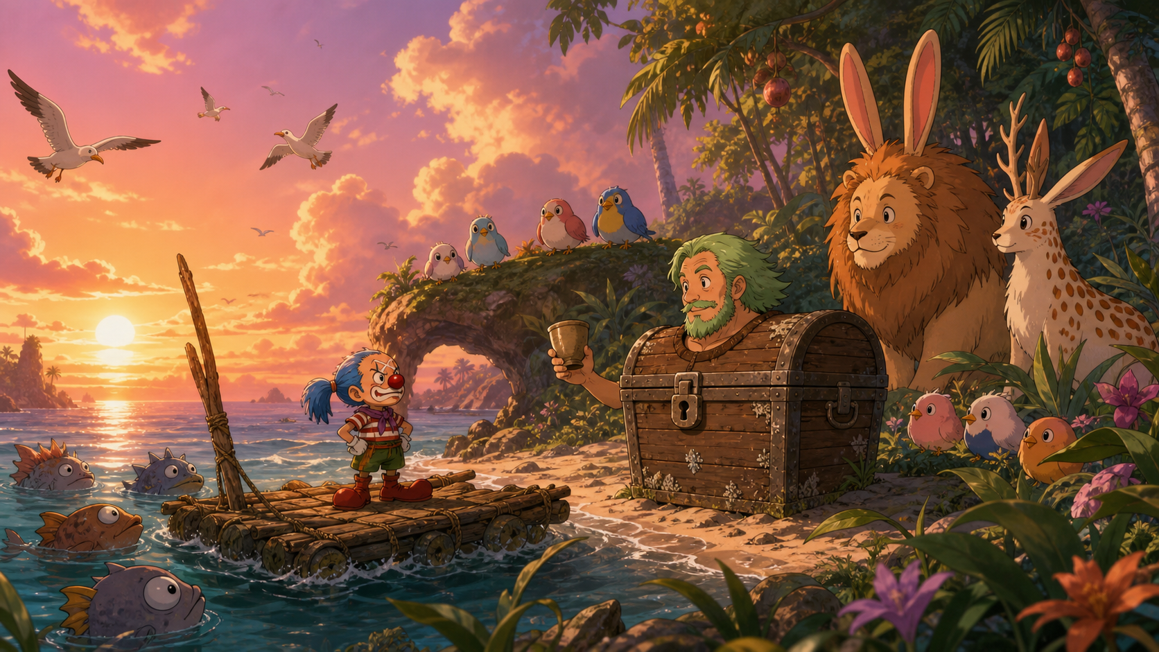 A magically tiny Buggy reaches Gaimon’s rare-animal island by raft and raises a cup in cautious truce