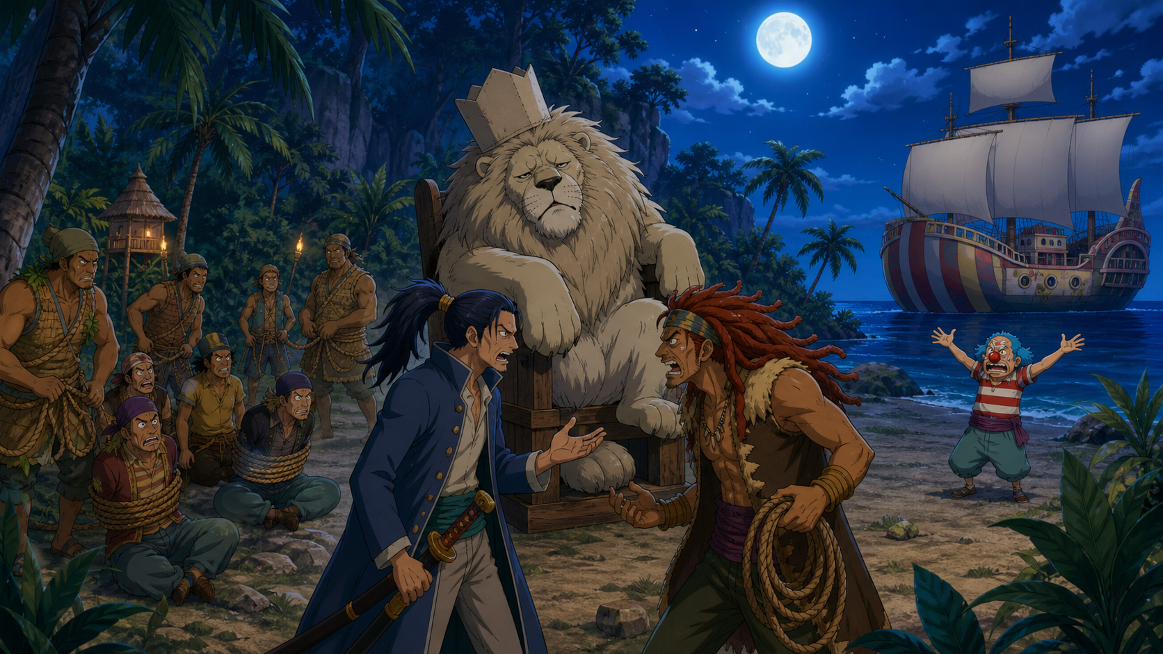 Richie sits as accidental captain while Mohji and Cabaji argue, island defenders detain the crew, and little Buggy returns