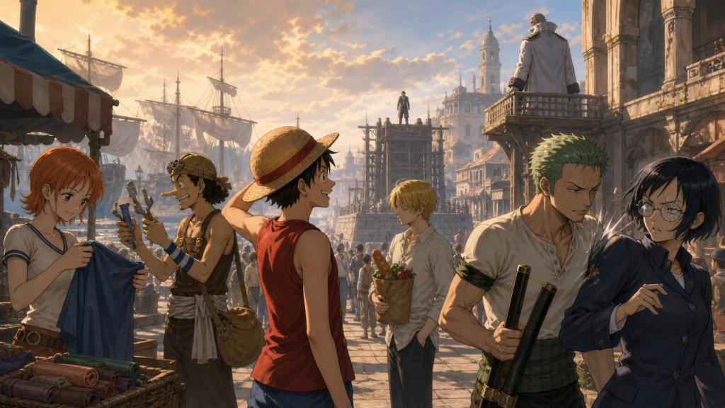 The Straw Hats split for supplies in Loguetown as Luffy sees Roger’s platform, Smoker watches, and Zoro meets Tashigi