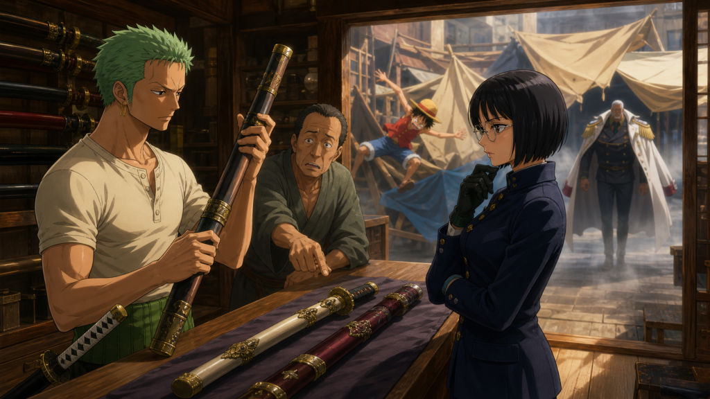 Zoro evaluates two sheathed swords with Tashigi and Ipponmatsu while Luffy and Smoker cross paths outside
