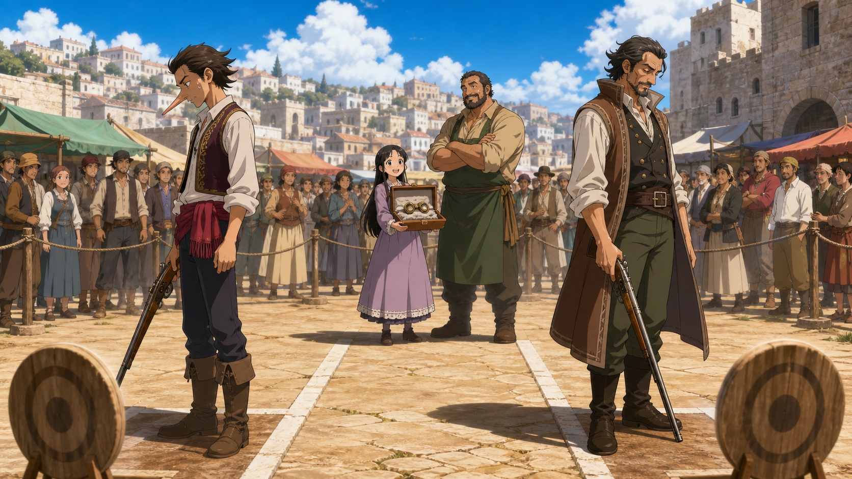 Usopp and Daddy Masterson stand in separate safe firing lanes while Carol holds the goggles she bought as a gift