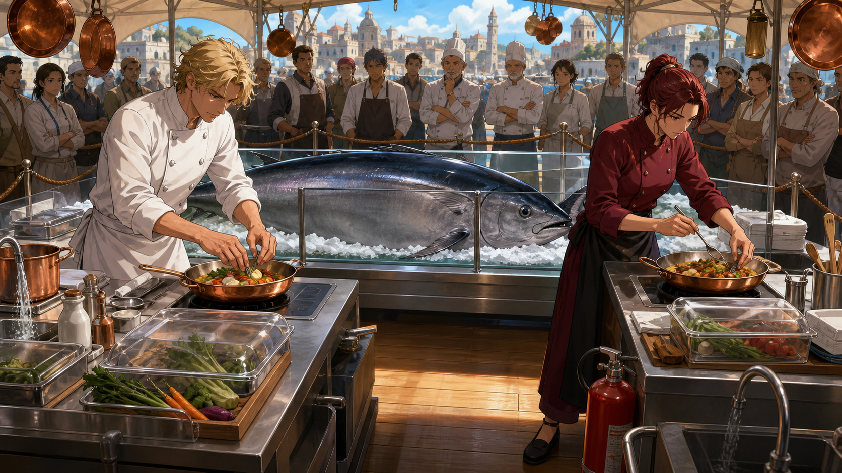 Sanji and Carmen cook at separate professional stations with the chilled elephant bluefin displayed between them