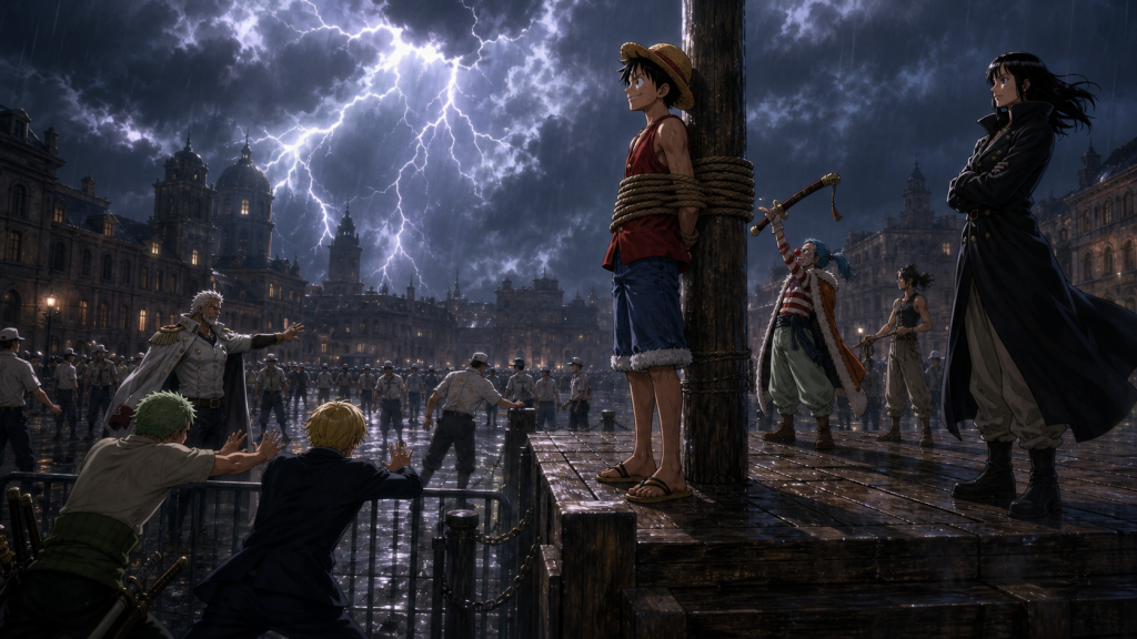 Luffy smiles while restrained on Loguetown’s platform as Buggy raises a sword and lightning fills the sky