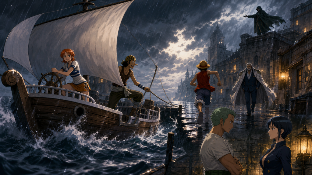 The Going Merry escapes stormy Loguetown while the Straw Hats regroup and declare their dreams