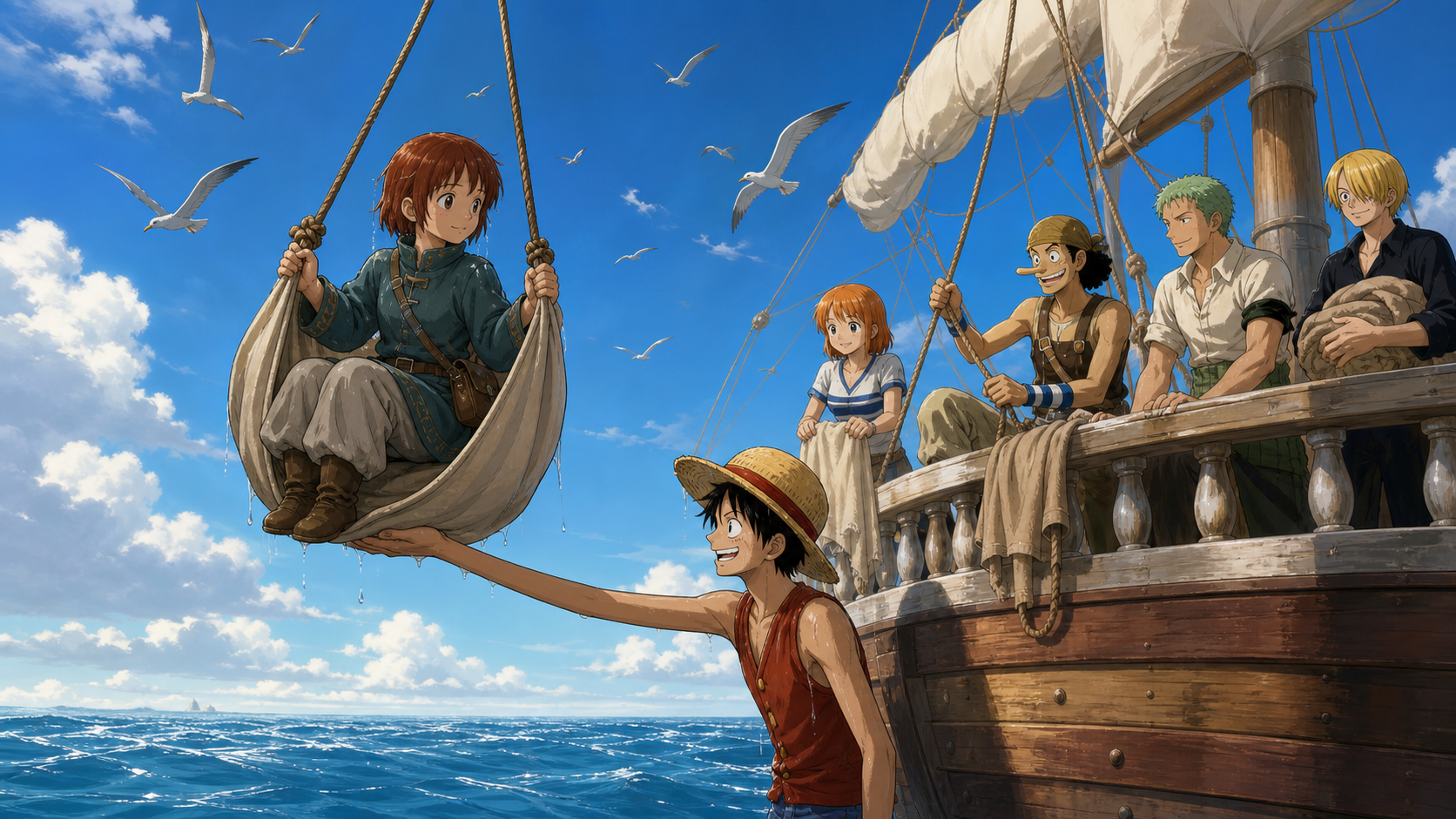 The Straw Hats use a canvas sling to rescue fully clothed Apis from the sea beneath a circling flock of birds