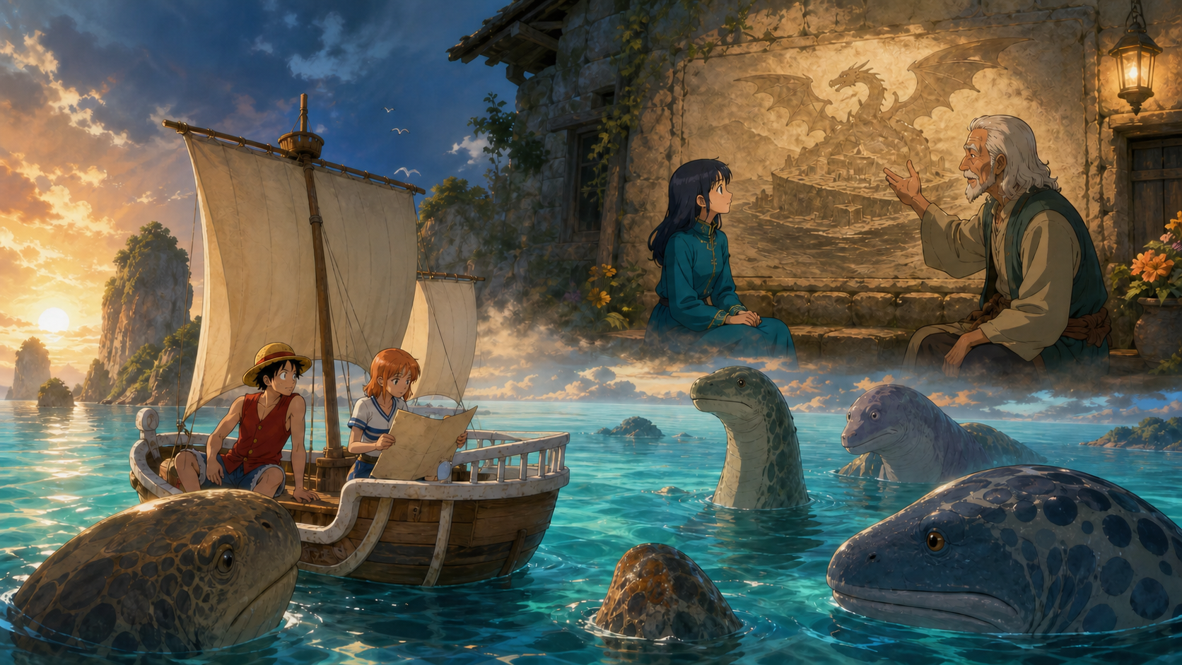 The Going Merry rests among calm Sea Kings while Apis hears Bokuden’s oral history beside a dragon relief