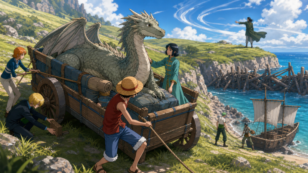 The Straw Hats guide elderly Ryu in a padded cart down a coastal slope while Eric’s wind gusts strike empty ground
